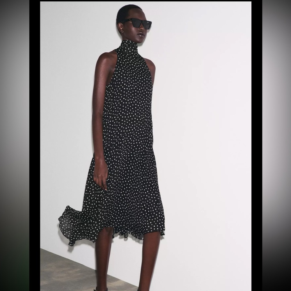 NWT ZARA Black Polka Dot Midi Scarf Dress